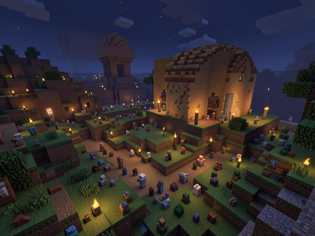 Community base lit by torches at night