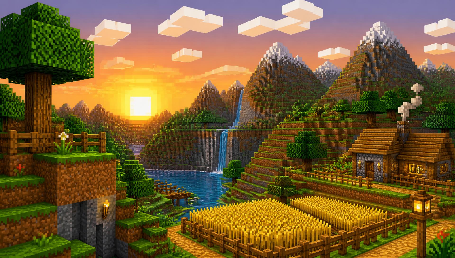 Blocky pixel landscape with grass, mountains, wheat fields and a village at sunset